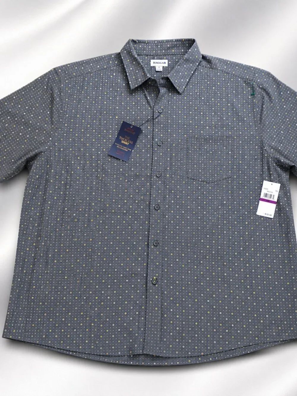 Haggar Men's Gray Yellow Geometric Cotton Button Front Short Sleeve Shirt XXL